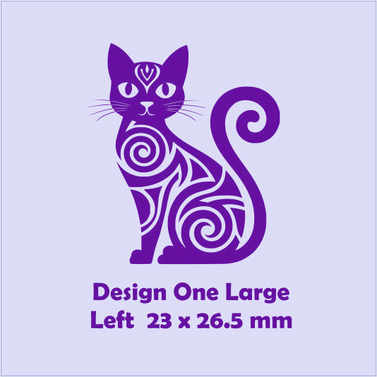 Blue cat design with tribal patterns on a light blue background