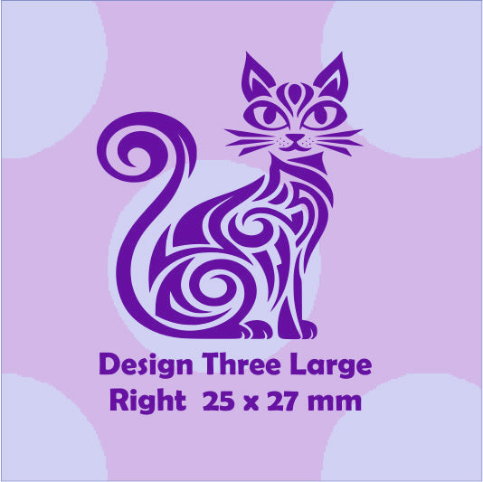 Blue cat design on a purple background with text indicating size and direction.