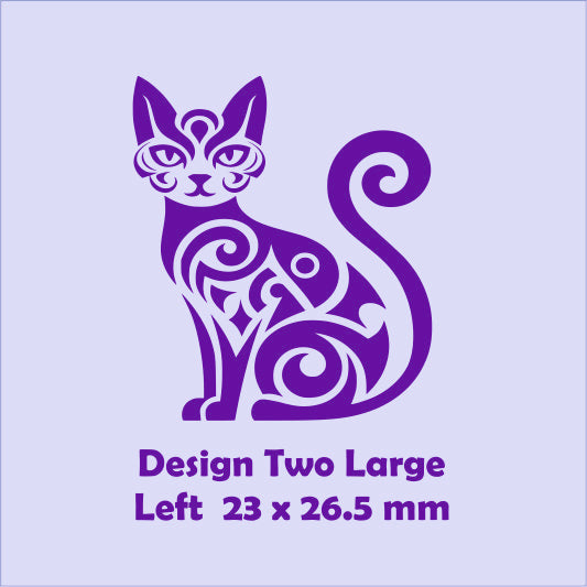 Decorative cat design with tribal patterns on a light blue background
