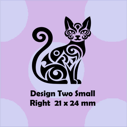 Black tribal-style cat design on a purple background with text indicating size and design number.