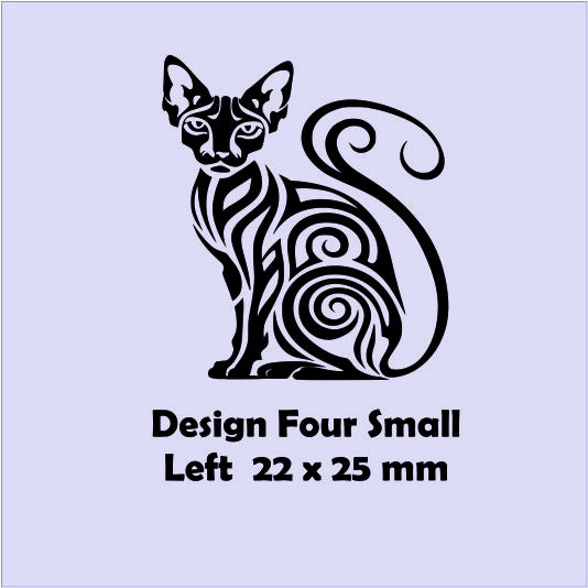 Black cat design on a light purple background with text indicating size and design number.