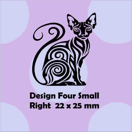 Black cat design on a purple background with text indicating size and direction.