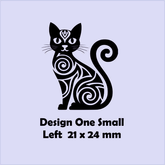 Black tribal-patterned cat design on a light purple background with text indicating size and direction.