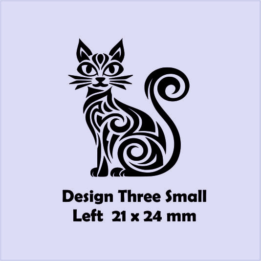 Black tribal-style cat design on a light blue background with text indicating size and direction.