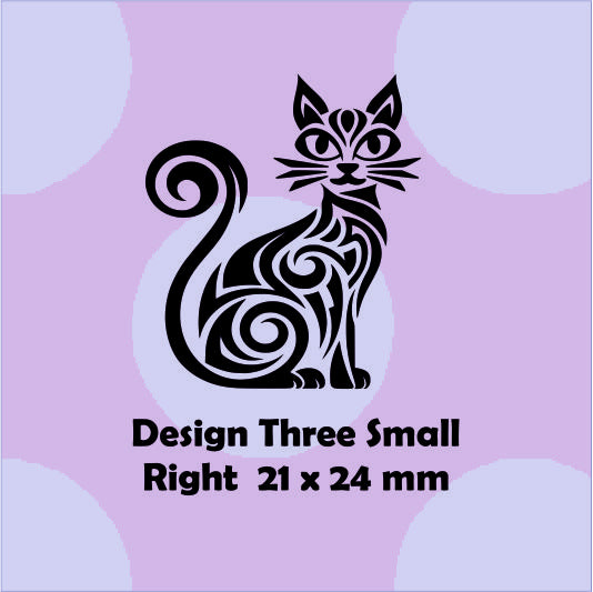 Tribal cat design on a purple background with text indicating size and direction.