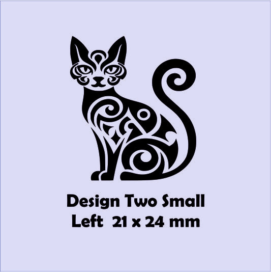 Black tribal-style cat design on a light blue background