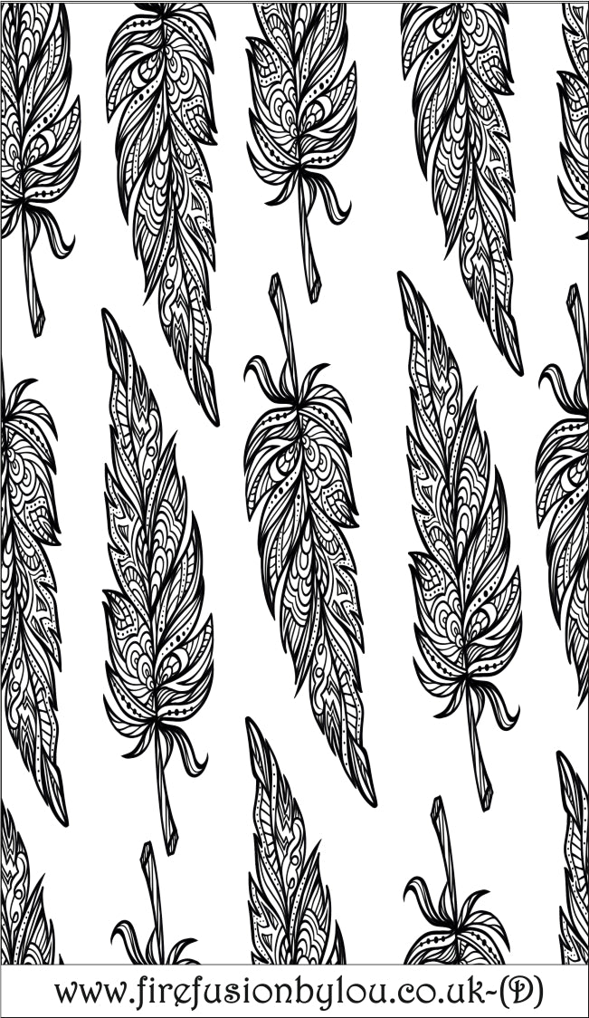 An intricate tribal feather pattern debossed texture mat in grey material. This picture shows the texture mat pattern in black and white for use on metal clay or polymer clay.
