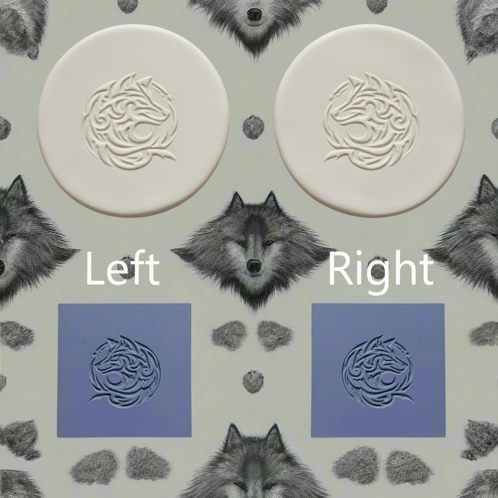 Two white circular designs with a wolf pattern, labelled 'Left' and 'Right', surrounded by wolf illustrations.