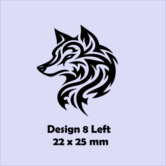 Black wolf design on a light blue background with text indicating size and design number.