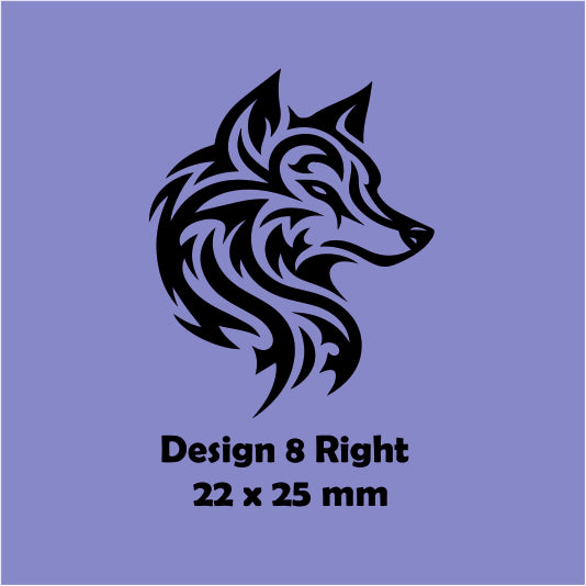 Black wolf design on a blue background with text indicating size and design number.