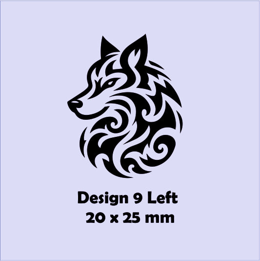 Black tribal wolf design on a light purple background with text indicating size and design number.