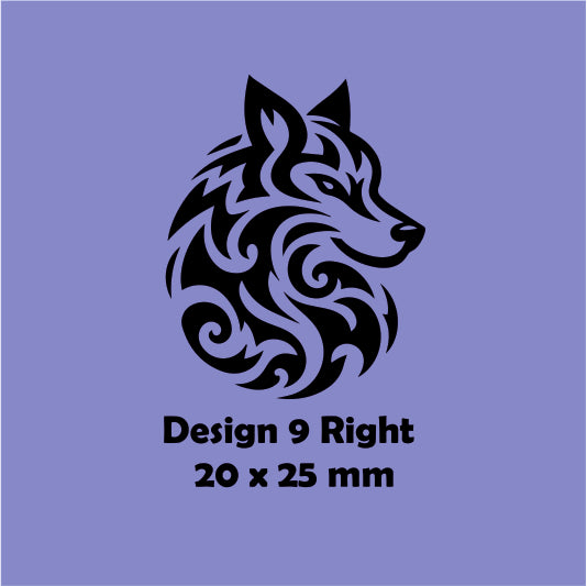 Tribal wolf design on a blue background with text indicating size and design number.