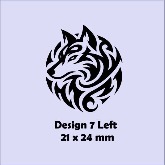 Tribal wolf design on a light blue background with text indicating size and design number.