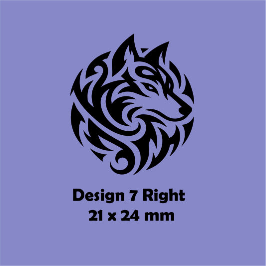 Black tribal wolf design on a blue background with text indicating size and design number.