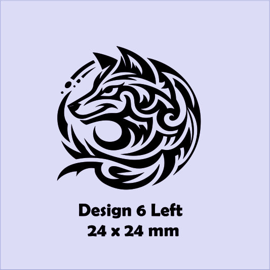 Tribal wolf design on a light blue background with text indicating size and design number.