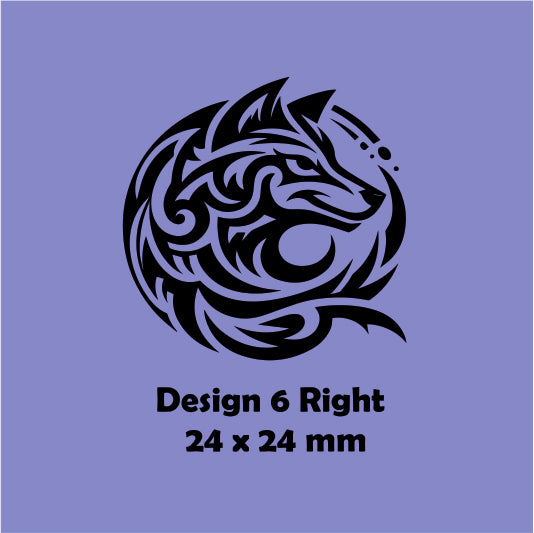 Black tribal wolf design on a blue background with text indicating size and design number.