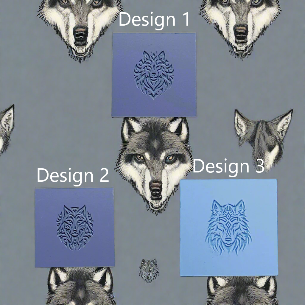 Pattern of wolf faces and blue wolf logo designs on a gray background