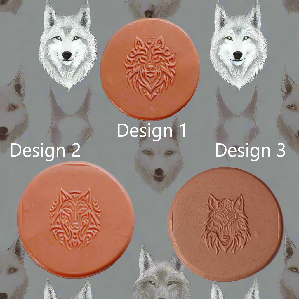 Three circular designs with wolf embossments on a background of wolf illustrations.