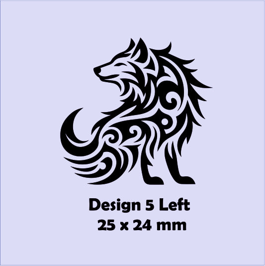 Tribal wolf design on a light purple background with text indicating size and design number.