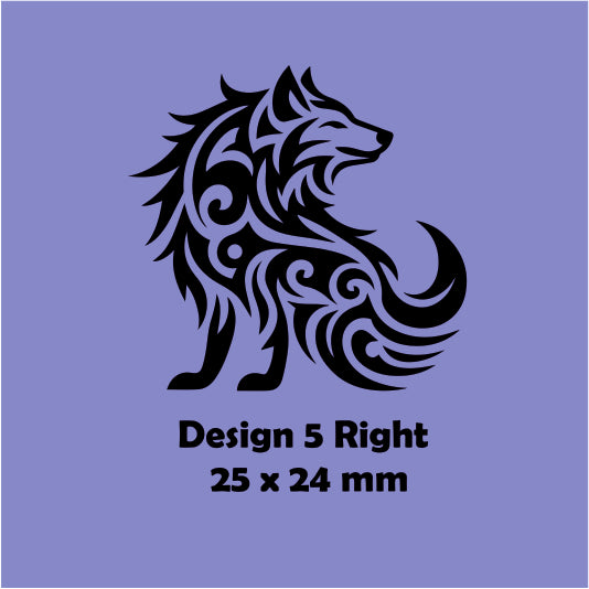 Black tribal wolf design on a blue background with text indicating size and design number.