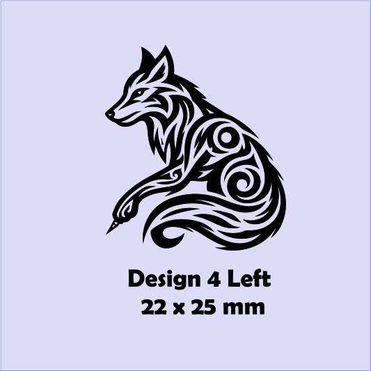 Tribal wolf design on a light purple background with text indicating size and direction.