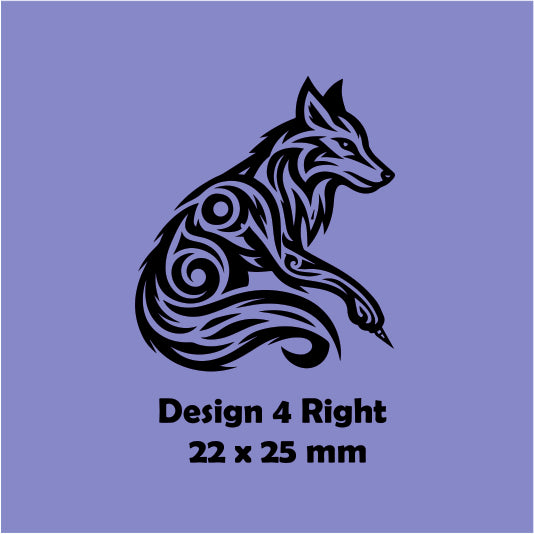 Tattoo-style wolf design on a blue background with text indicating size.