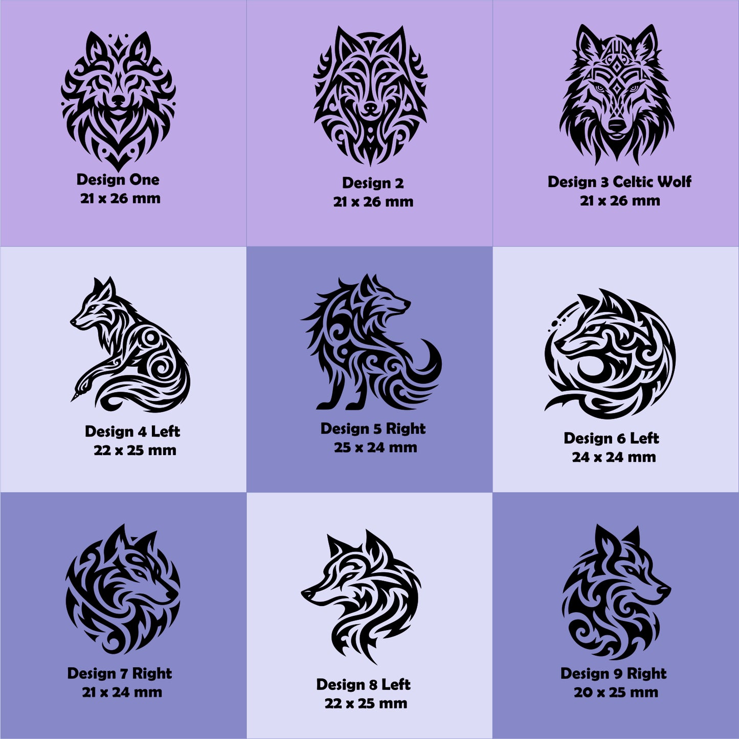 Nine wolf design illustrations with dimensions on a purple background