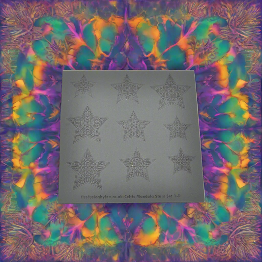 A 100 x 100 mm Celtic mandala stars debossed texture mat with three star mandala designs and three sizes. use to make an impression on metal clay and polymer clay.