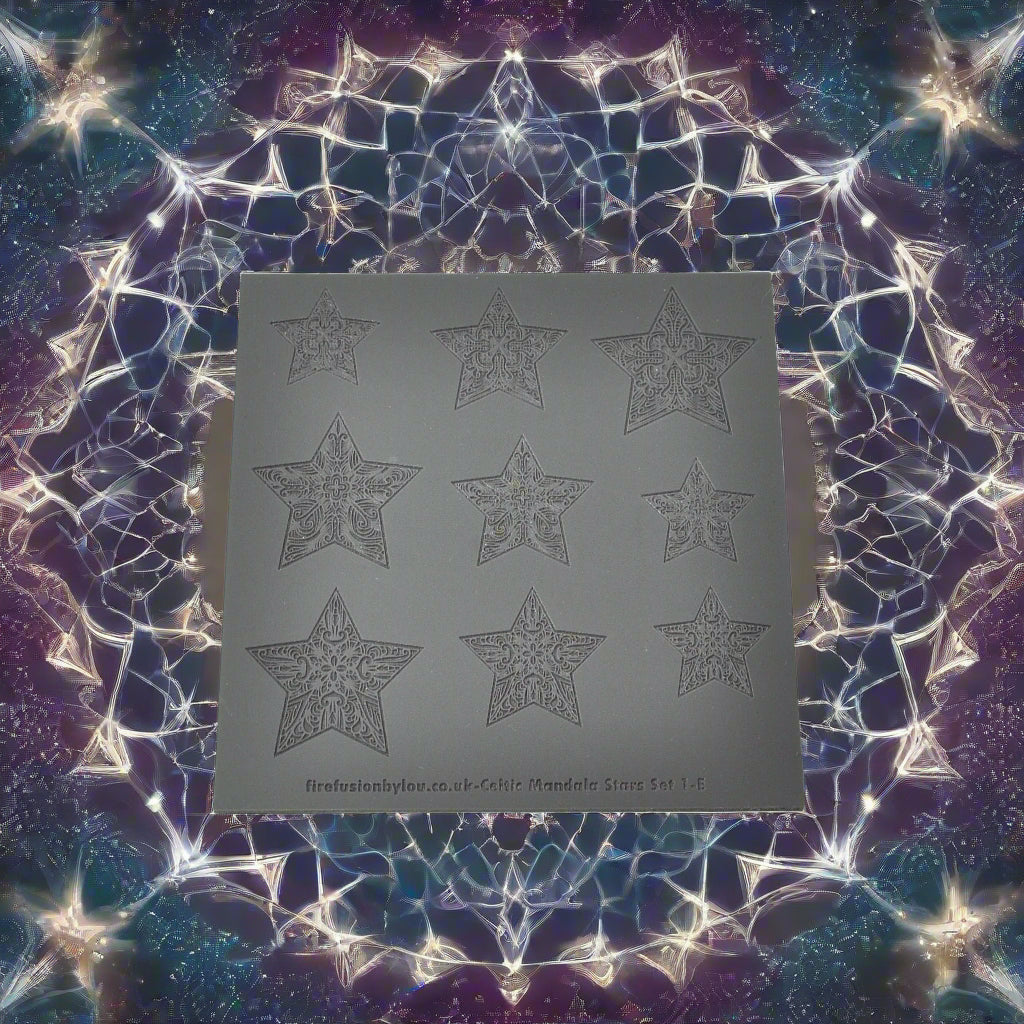 A 100 x 100 mm embossed Celtic mandala stars texture mat with three star mandala designs and three sizes. use to make an impression on metal clay and polymer clay.