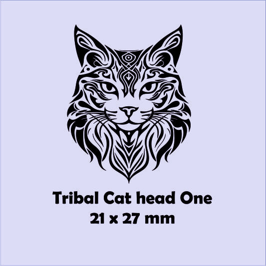 Tribal cat head design with size '21 x 27 mm' on a light blue background