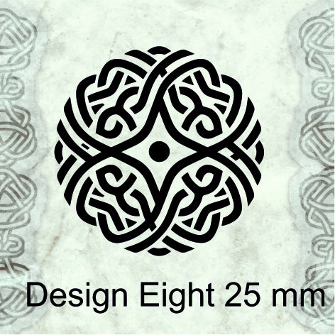 Decorative design with intricate patterns on a textured background, labeled 'Design Eight 25 mm'.