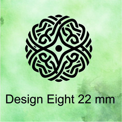 Black Celtic knot design on a green background with text 'Design Eight 22 mm'.