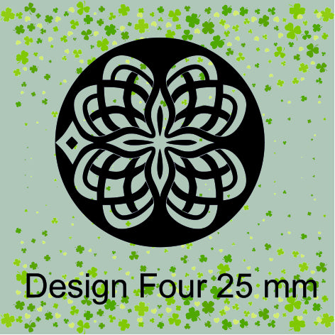 Black geometric design on a green background with text 'Design Four 25 mm'.