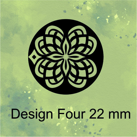 Black geometric design on a green background with text 'Design Four 22 mm'.