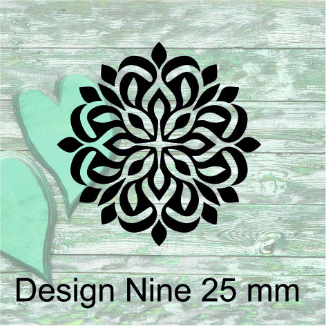 Black floral design on a green background with text 'Design Nine 25 mm'.