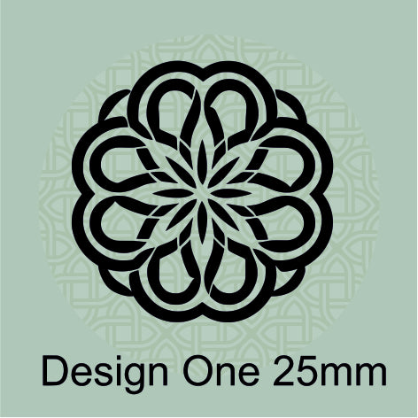 Decorative black design on a green background with text 'Design One 25mm'.