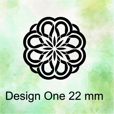 Black geometric design on a green gradient background with text 'Design One 22 mm'.