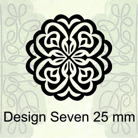 Decorative design with 'Design Seven 25 mm' text on a light green background
