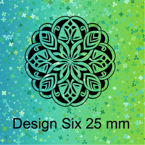 Decorative green and black design on a multicolored background with text 'Design Six 25 mm'.