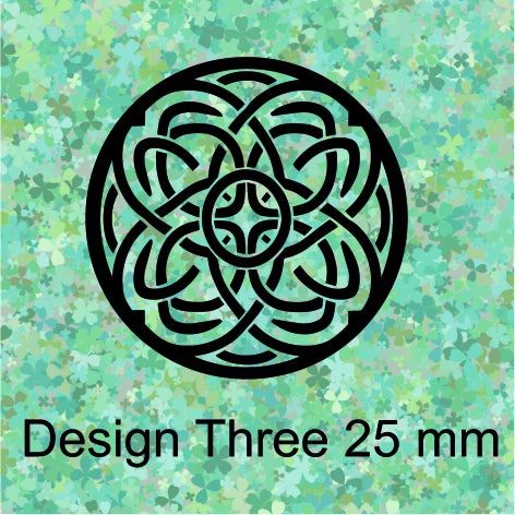 Black Celtic knot design on a green background with text 'Design Three 25 mm'.