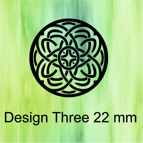 Black Celtic knot design on a green background with text 'Design Three 22 mm'.