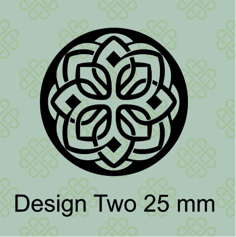 Black Celtic knot design on a green background with text 'Design Two 25 mm'.