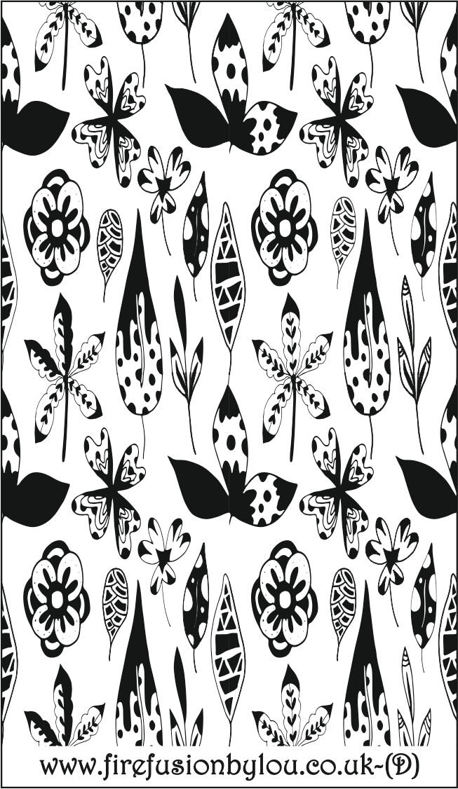A debossed texture mat of flowers. This picture shows the texture mat pattern in black and white for use on metal clay or polymer clay.