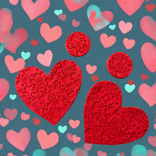 A pattern of debossed hearts in polymer clay. This will give you an idea of what the embossed texture mat will look like in clay or polymer.