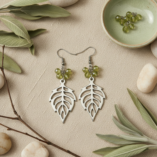 Silver leaf-shaped earrings with green beads on a nature background.