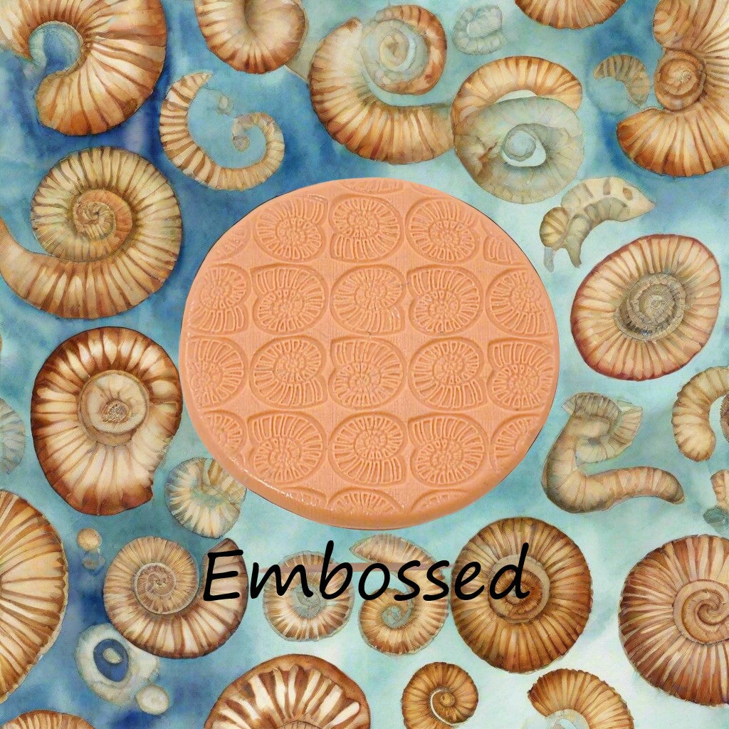 Ammonite debossed in silly putty Using a embossed texture mat. This will give you an idea of what it will look like on metal clay or polymer clay