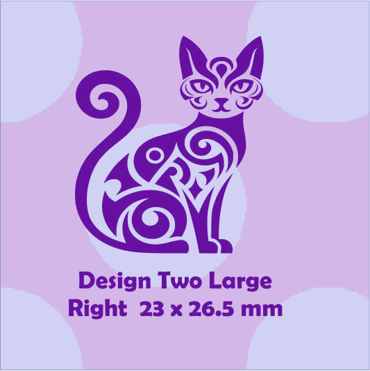 Decorative cat design on a purple background with text indicating size and direction.