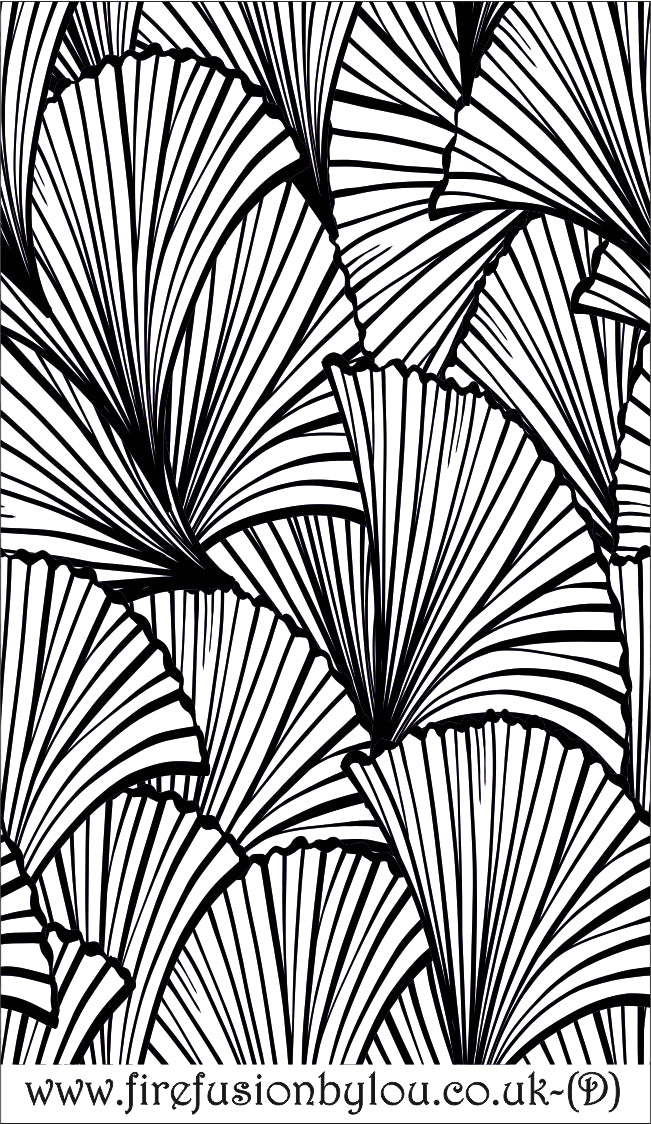 A debossed texture mat of fan leaves. This picture shows the texture mat pattern in black and white for use on metal clay or polymer clay.