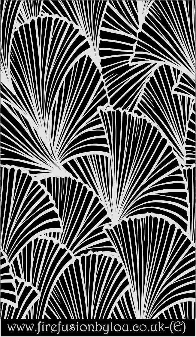 A embossed texture mat of fan leaves. This picture shows the texture mat pattern in black and white for use on metal clay or polymer clay.