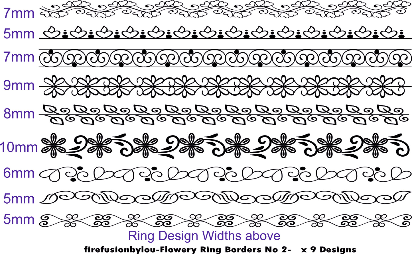 A black and white picture of flowery ring borders design two. This picture shows the widths of each ring band.